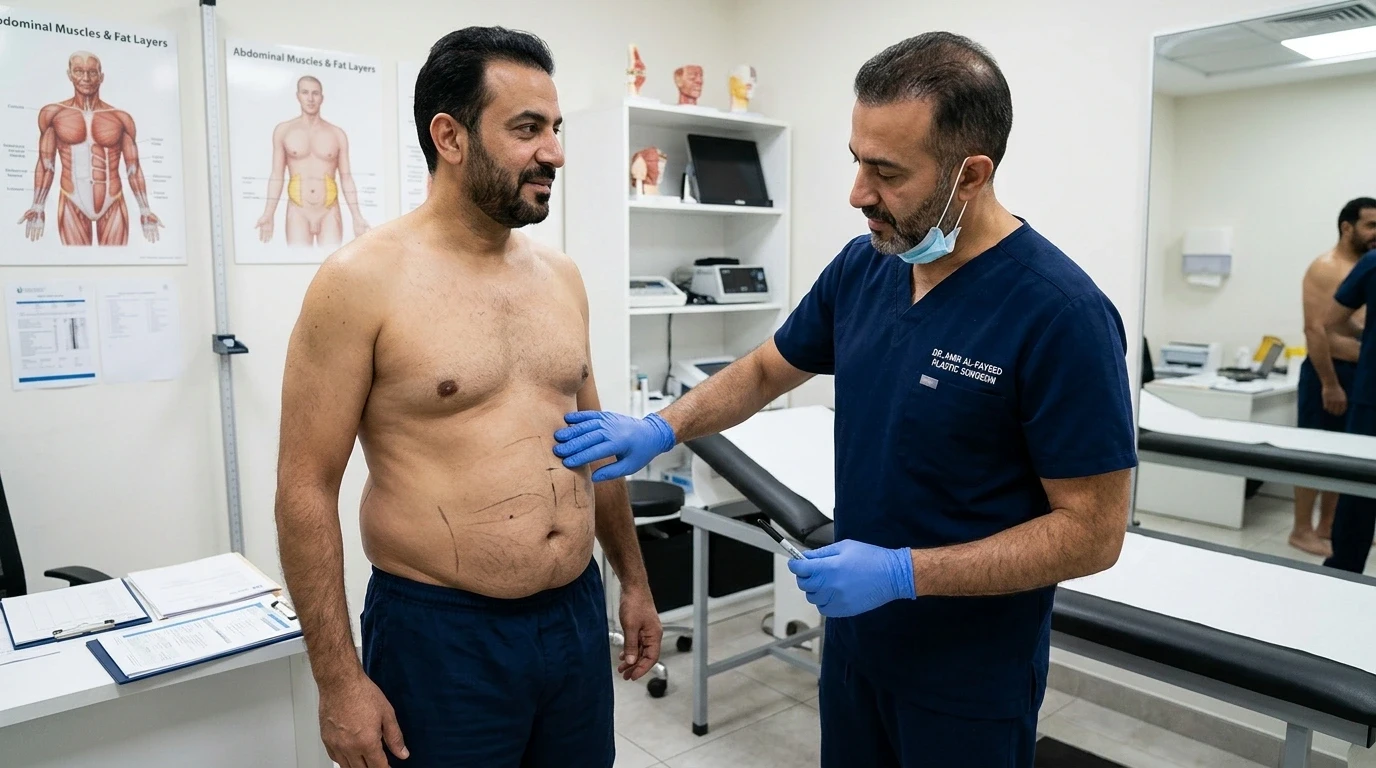 Plastic surgeon assessing localized fat distribution across the abdomen and waist before body contouring.