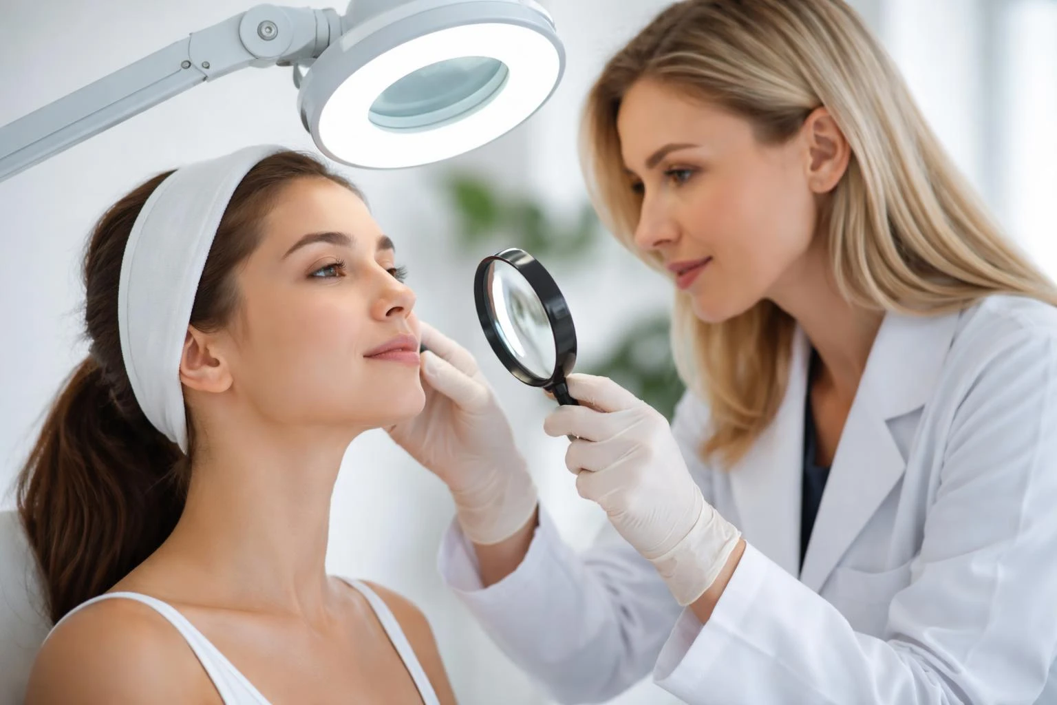 A dermatologist examining a patient's skin during a consultation at Gardenia Medical Center in Qatar.