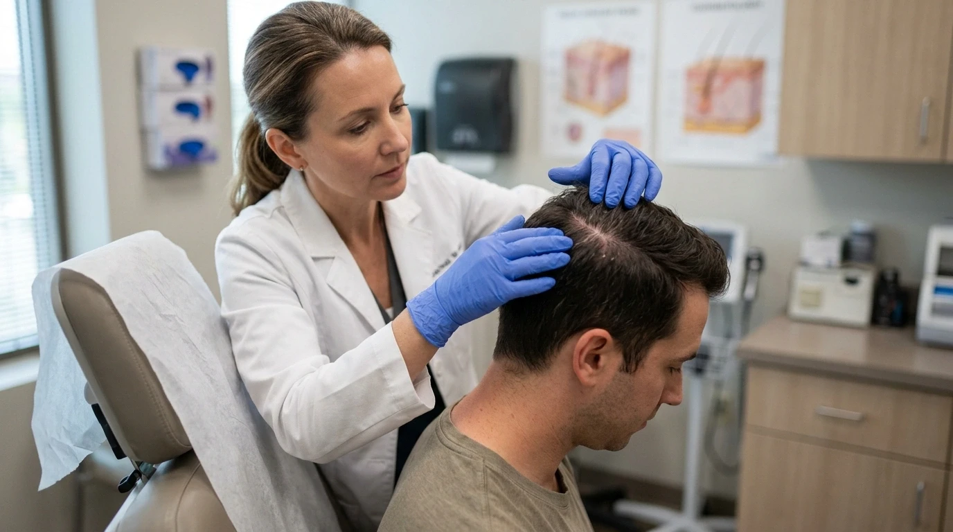 A dermatologist examining a patient's scalp for dandruff and irritation.