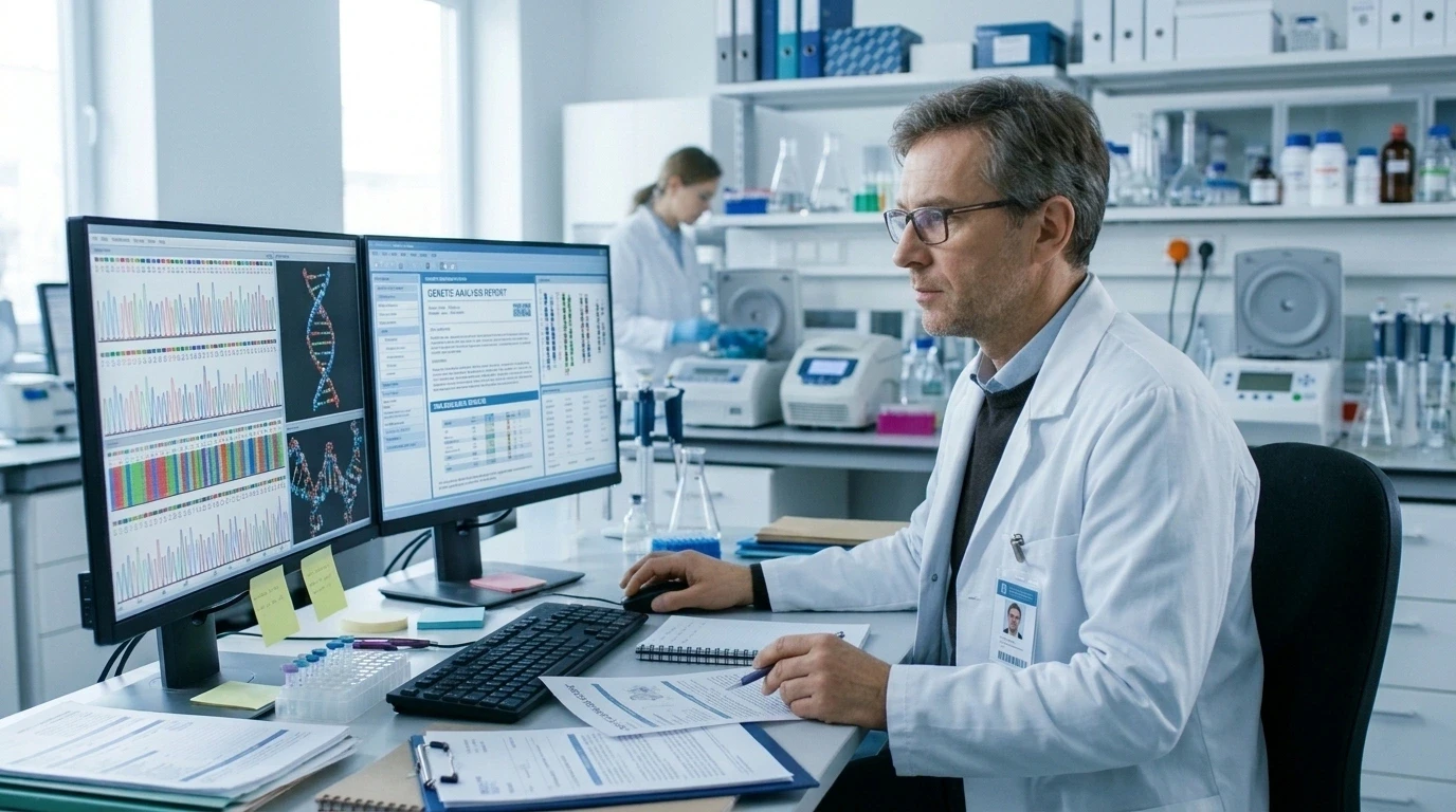 A Doctor reviewing DNA test results in a medical laboratory.