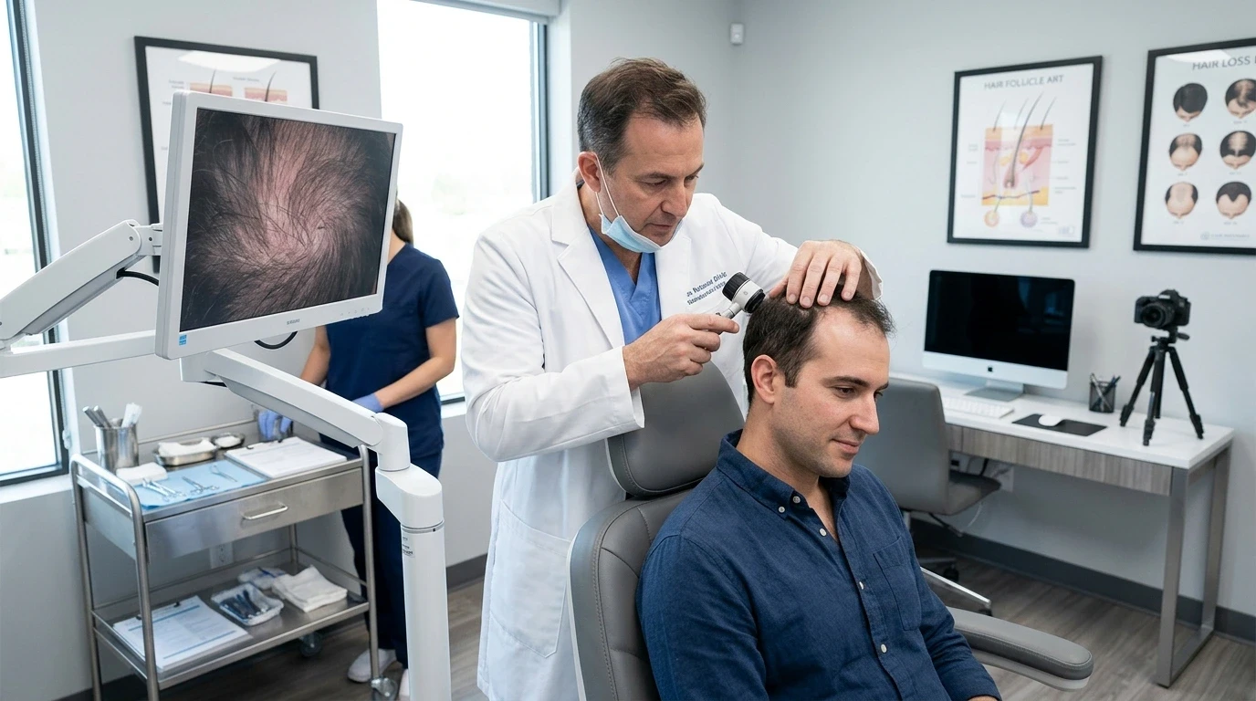 Dermatologist examining the patient's scalp density for a hair transplant in Qatar