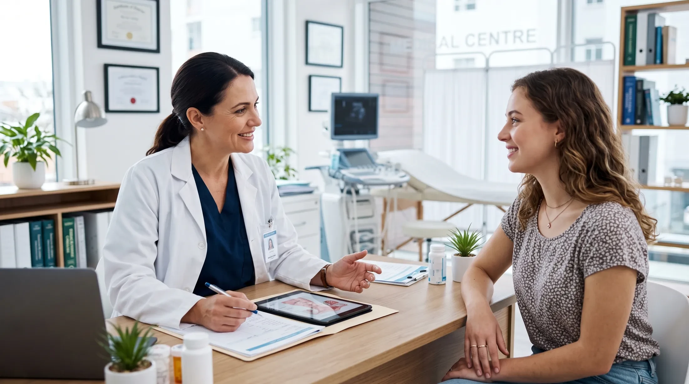 Dr Lubna Bassam Joria is consulting a patient during a women’s health appointment at Gardenia Medical Centre in Qatar.