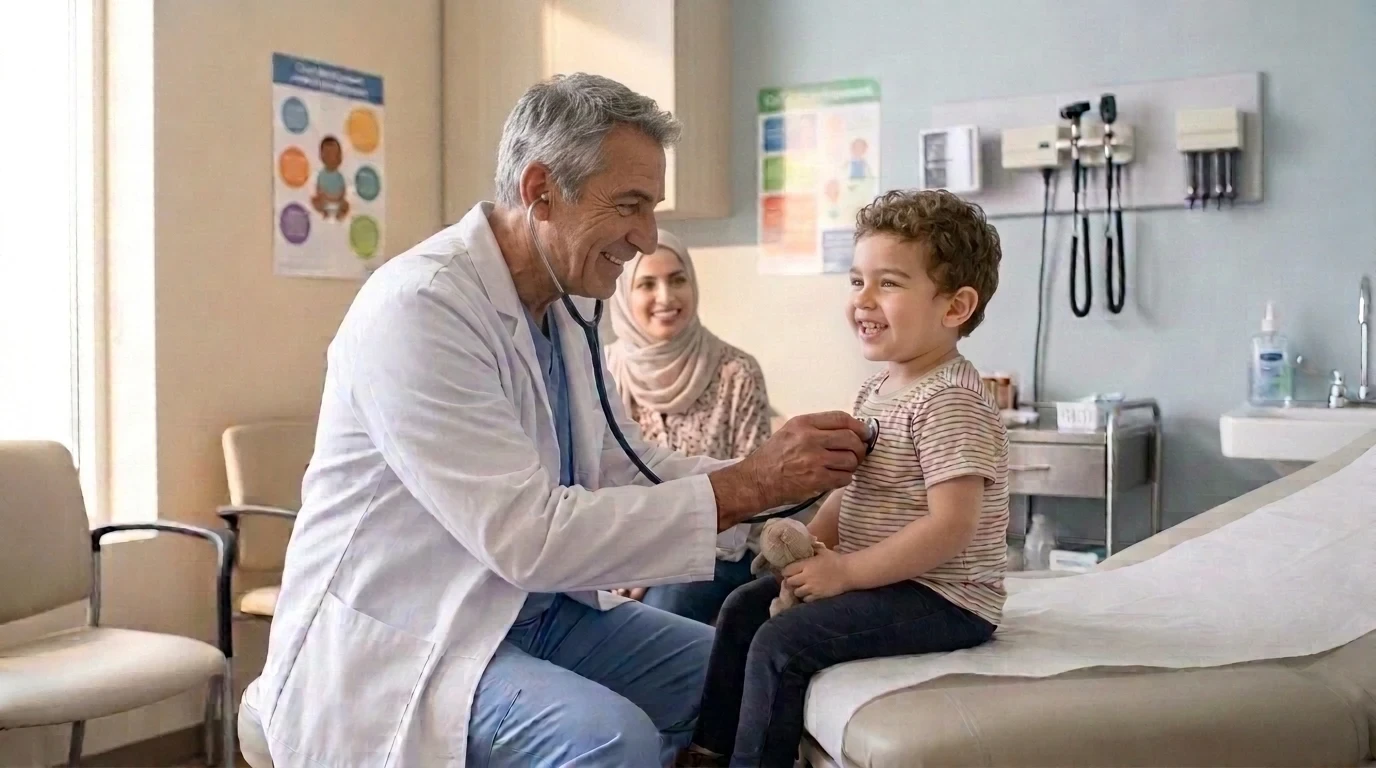 Pediatrician examining a child during a pediatric health checkup in Qatar
