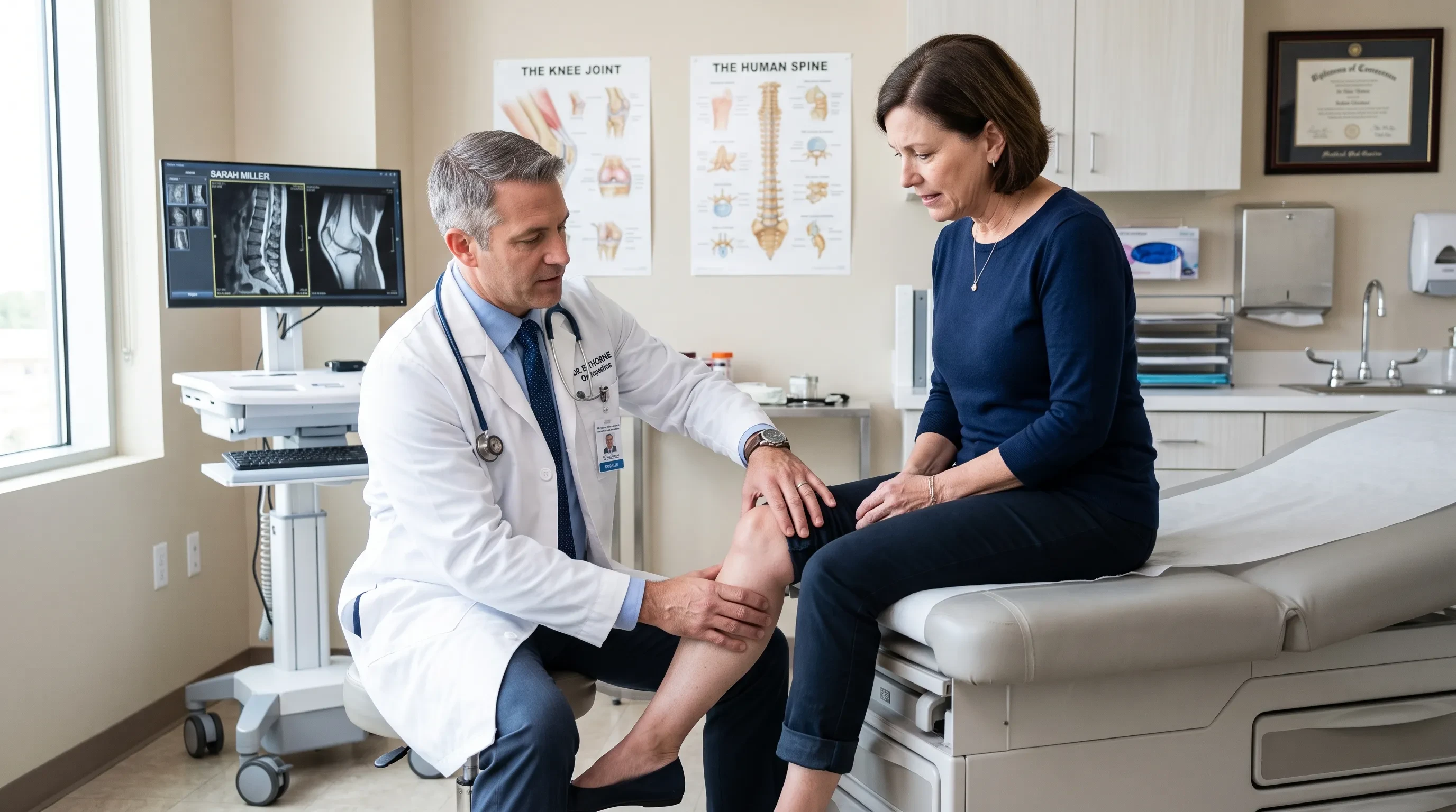 Orthopedic doctor assessing a patient with a knee and spine condition at Gardenia Medical Center