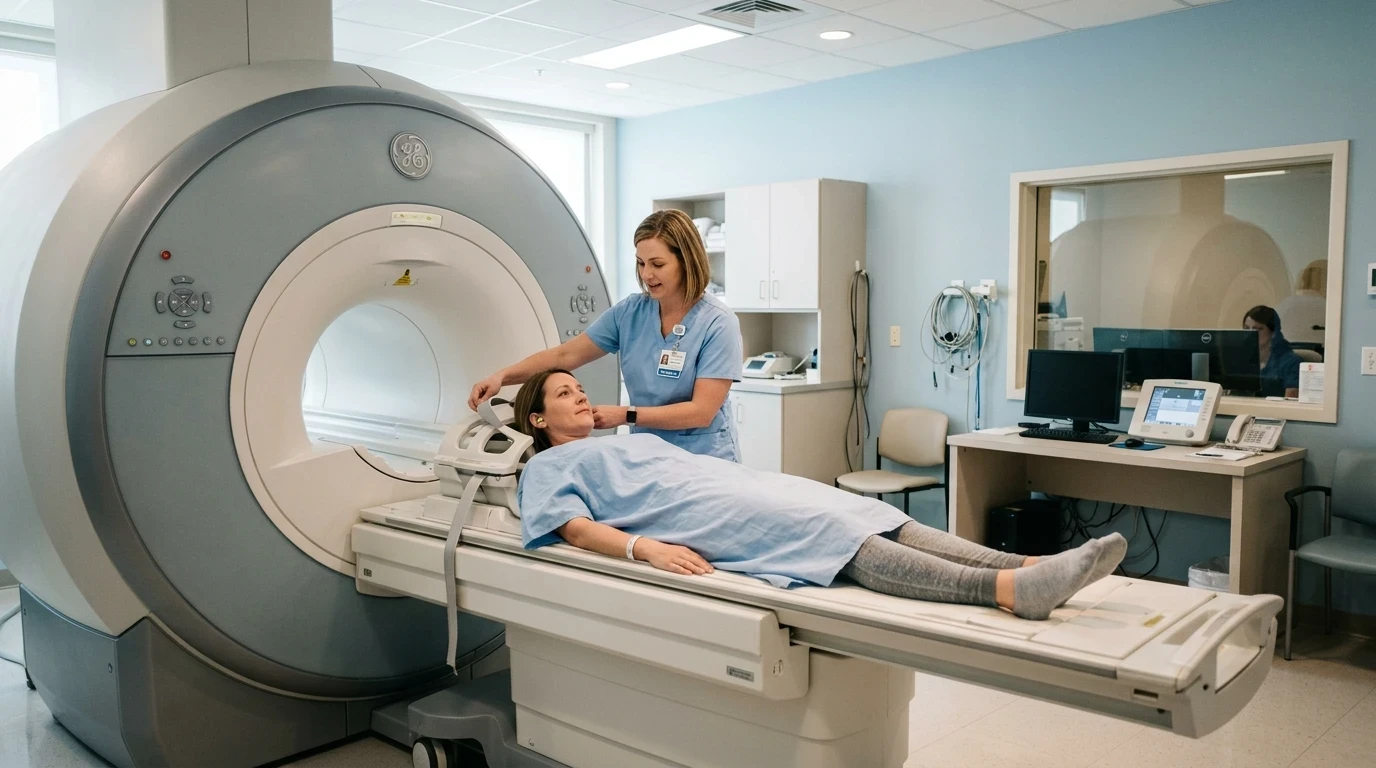 Patient preparing for an MRI scan inside the radiology department at Gardenia Medical Center in Doha.